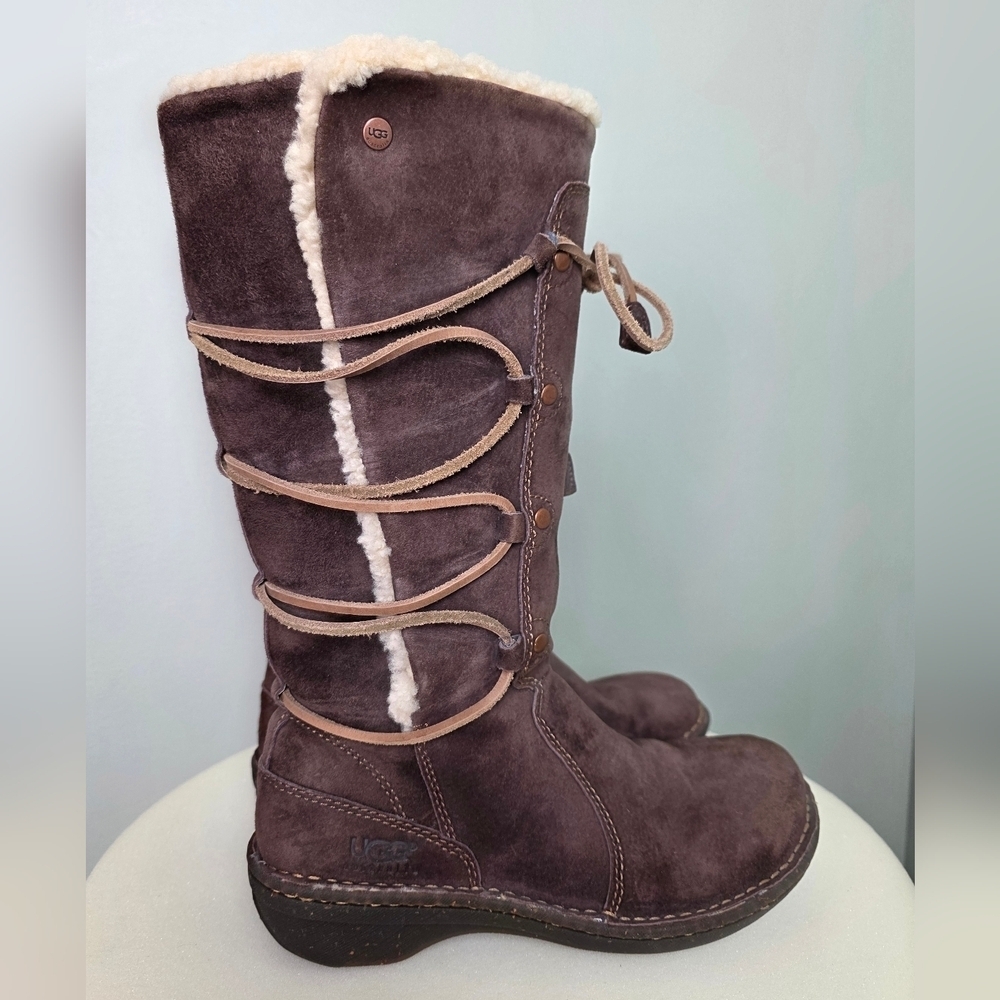 UGG Australia Mid-Calf Brown Suede Boots Shearling Trim Leather Lace-Up 7US/38EU
